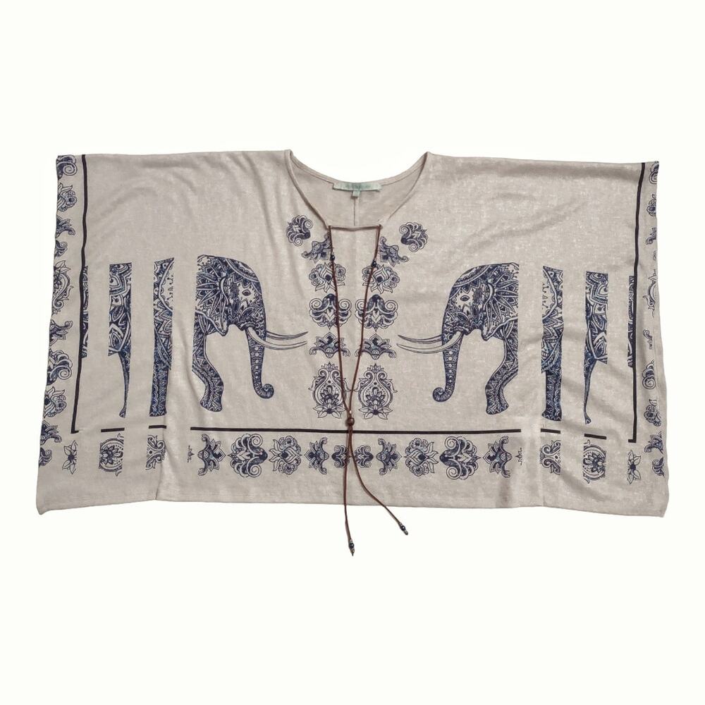 LA FE MARABOUTEE Poncho Top Size 1 Elephant Print Leather Tie Beads Boho Retro - Picture 6 of 11